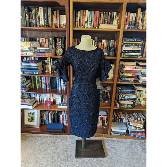 Theia Dresses & Skirts - Theia ruffle sleeve cloque dress blue and gold knee length cocktail dress nwt sz